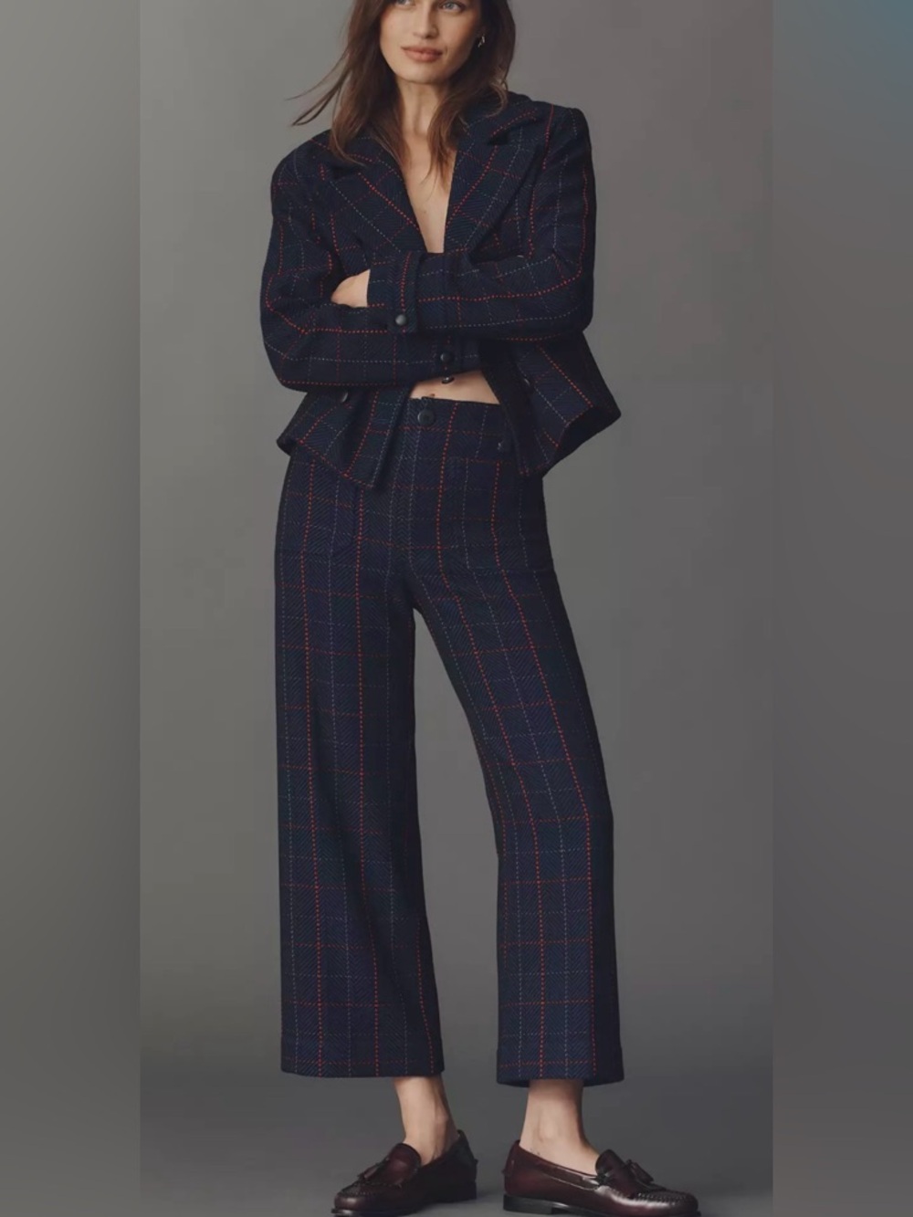 NWT Anthropologie Maeve x Merrick White Colette Crop Knit Pants Plaid Navy 25T